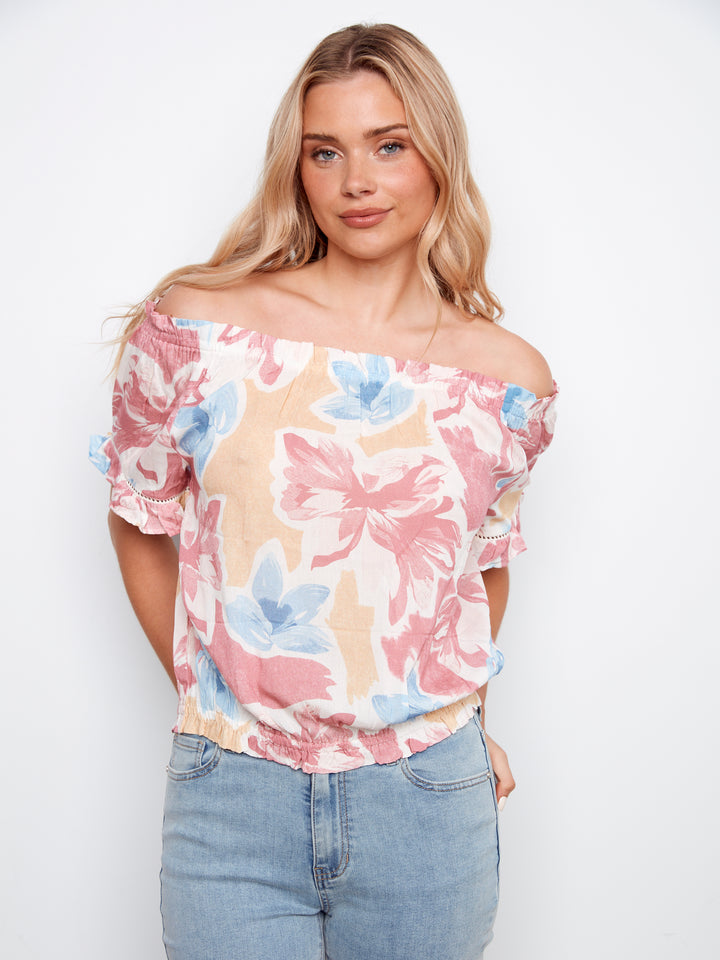 Printed Short Sleeve Off Shoulder Blouse