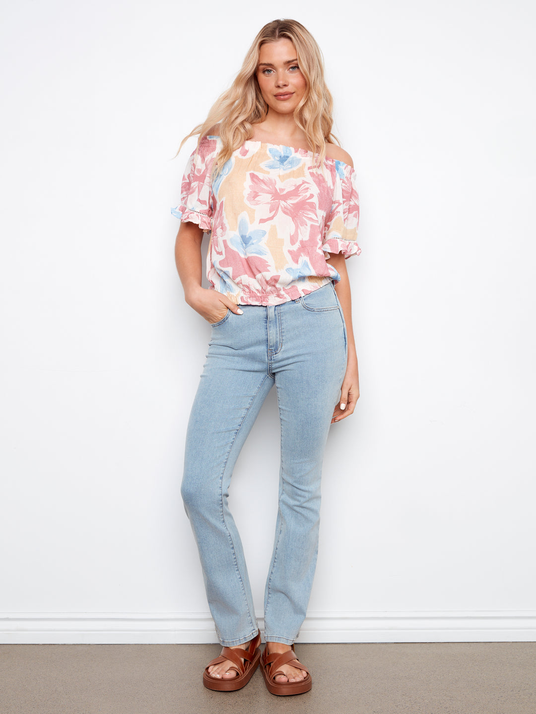 Printed Short Sleeve Off Shoulder Blouse