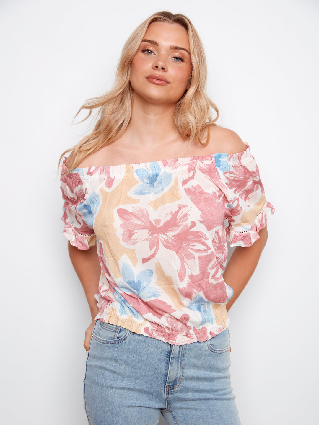 Printed Short Sleeve Off Shoulder Blouse