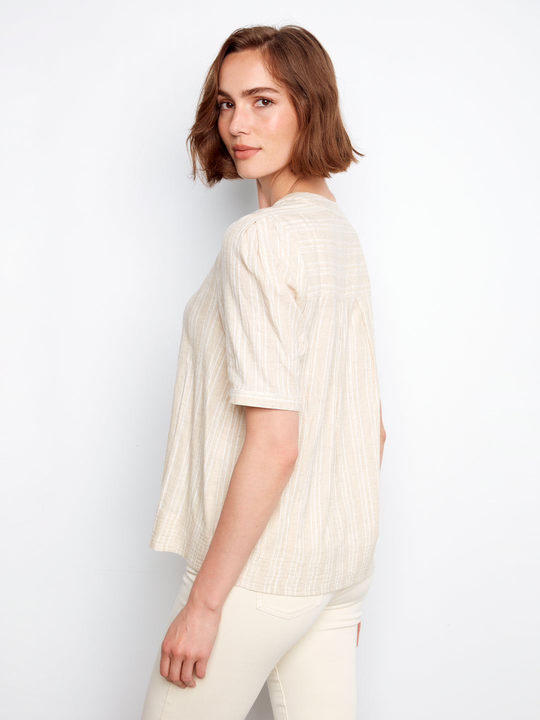 Short Sleeve Yarn-Dye Stripe Blouse
