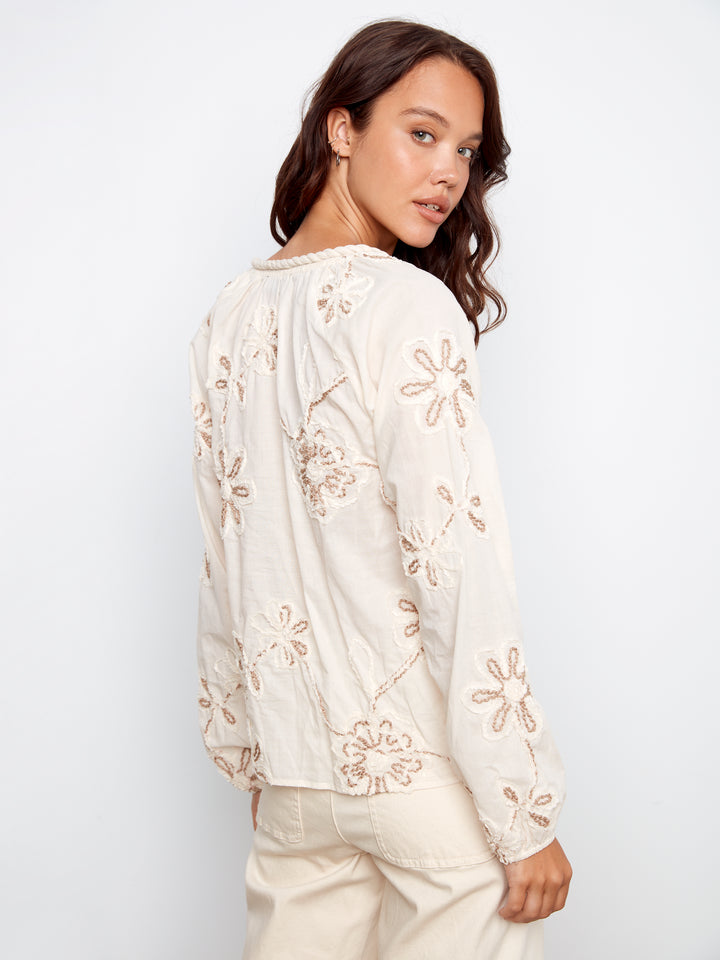 Textured Embroidered Cotton Raglan Long Sleeve Blouse