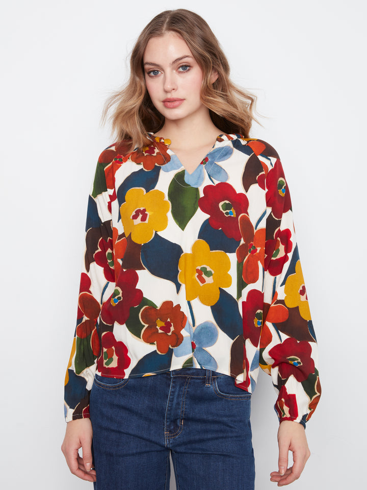 Printed  Raglan Long Sleeve Blouse