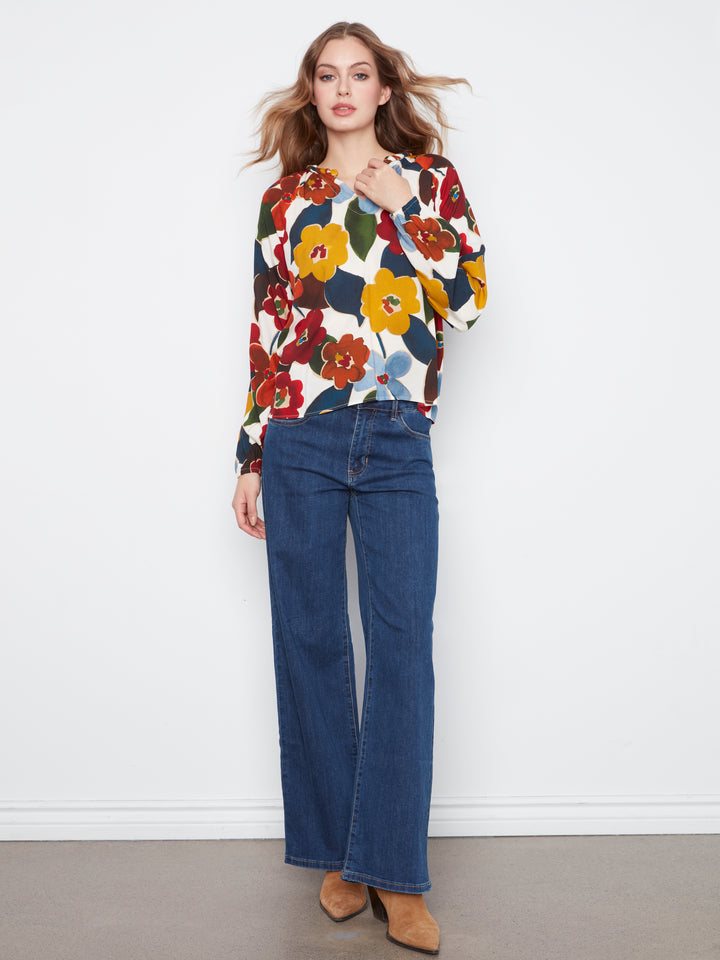 Printed  Raglan Long Sleeve Blouse