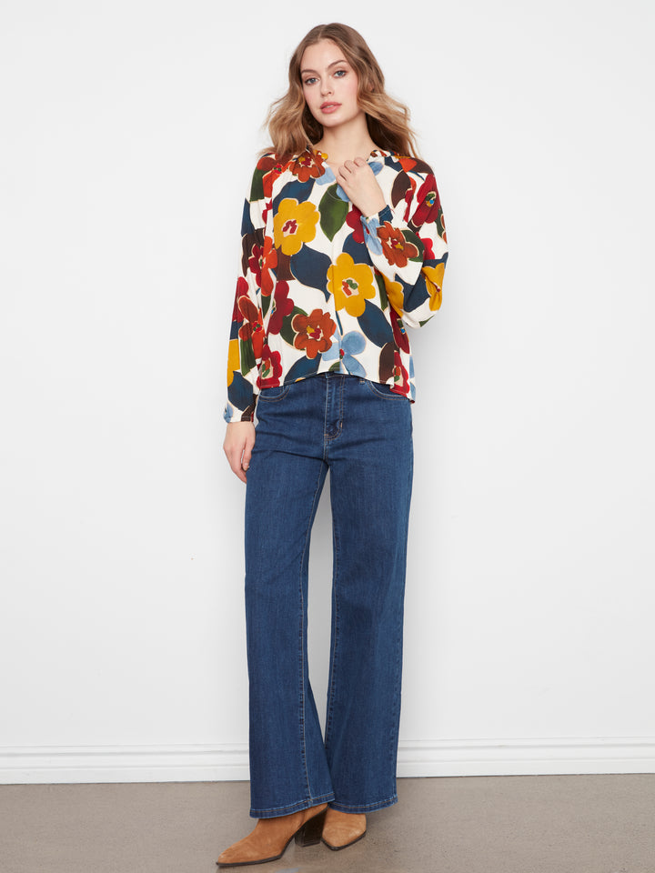 Printed  Raglan Long Sleeve Blouse