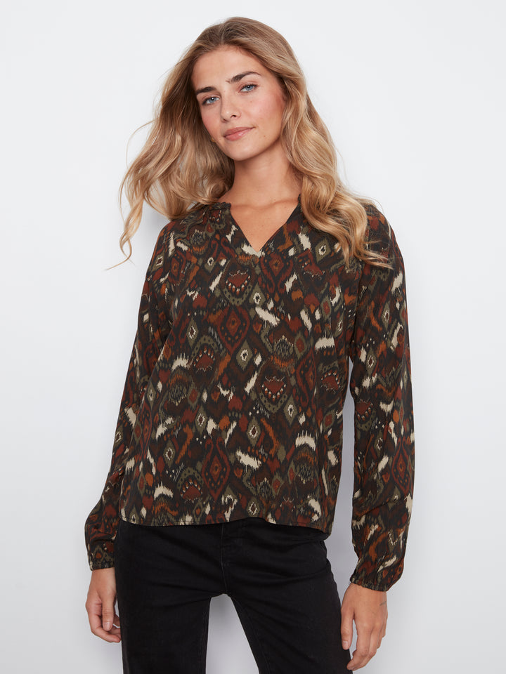 Printed  Raglan Long Sleeve Blouse