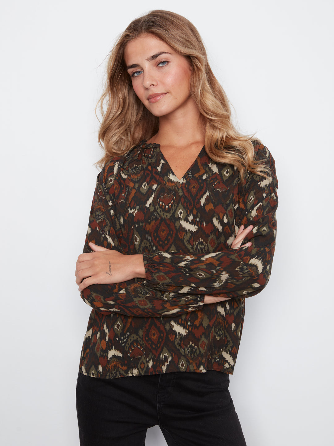 Printed  Raglan Long Sleeve Blouse