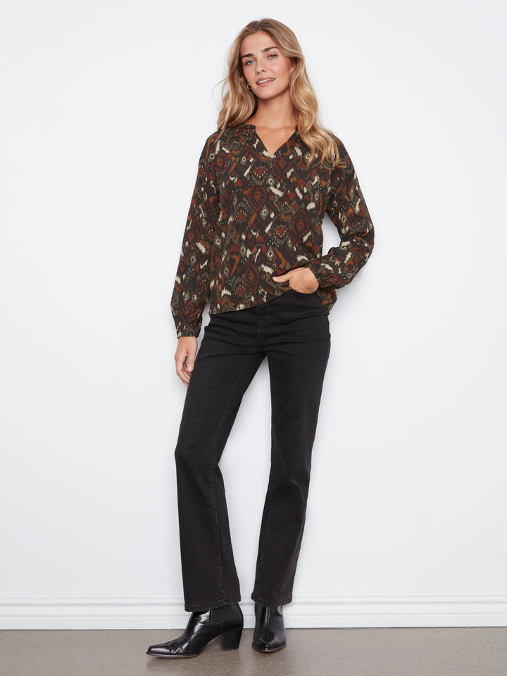 Printed  Raglan Long Sleeve Blouse