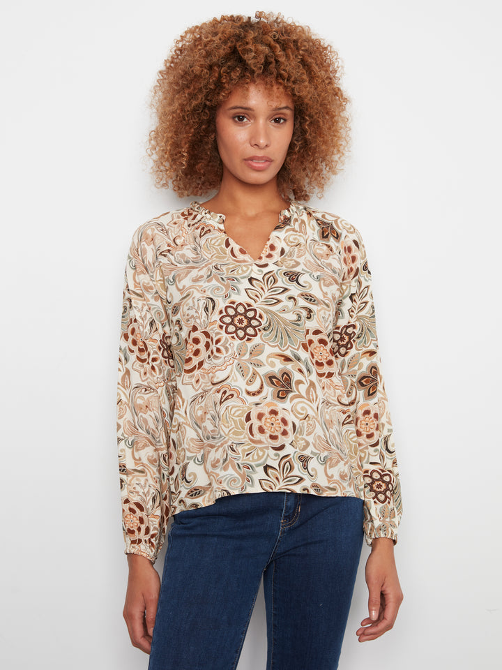 Printed  Raglan Long Sleeve Blouse