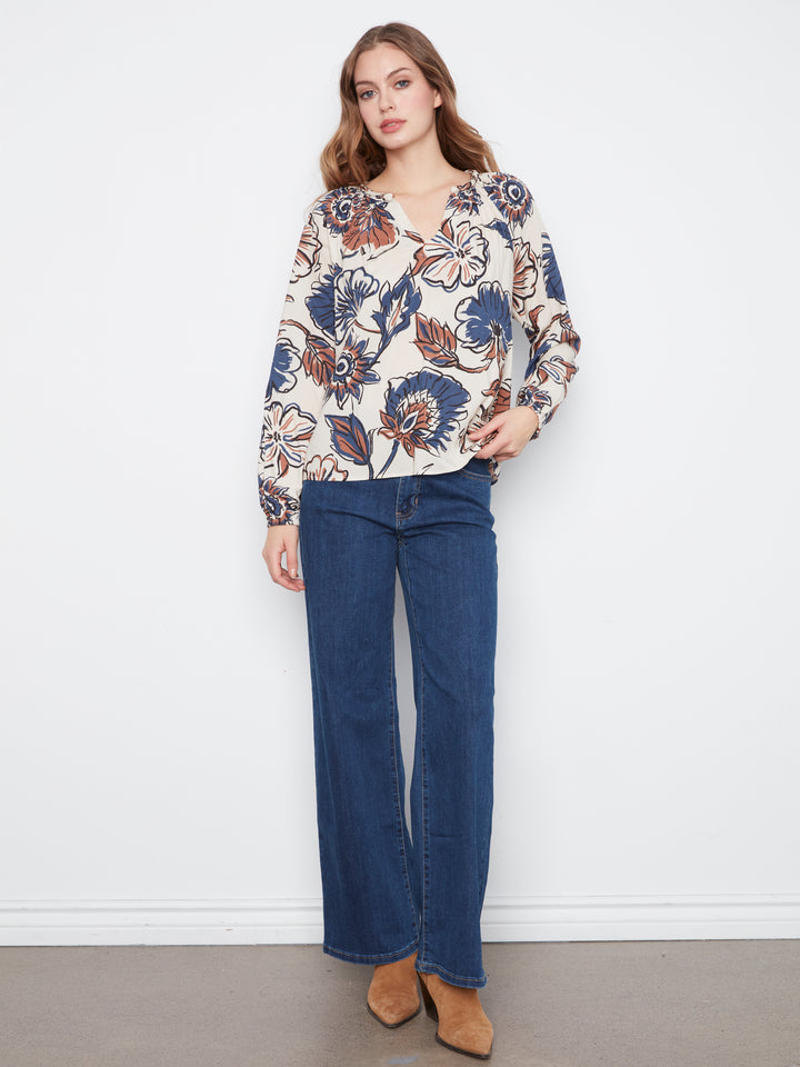 Printed  Raglan Long Sleeve Blouse