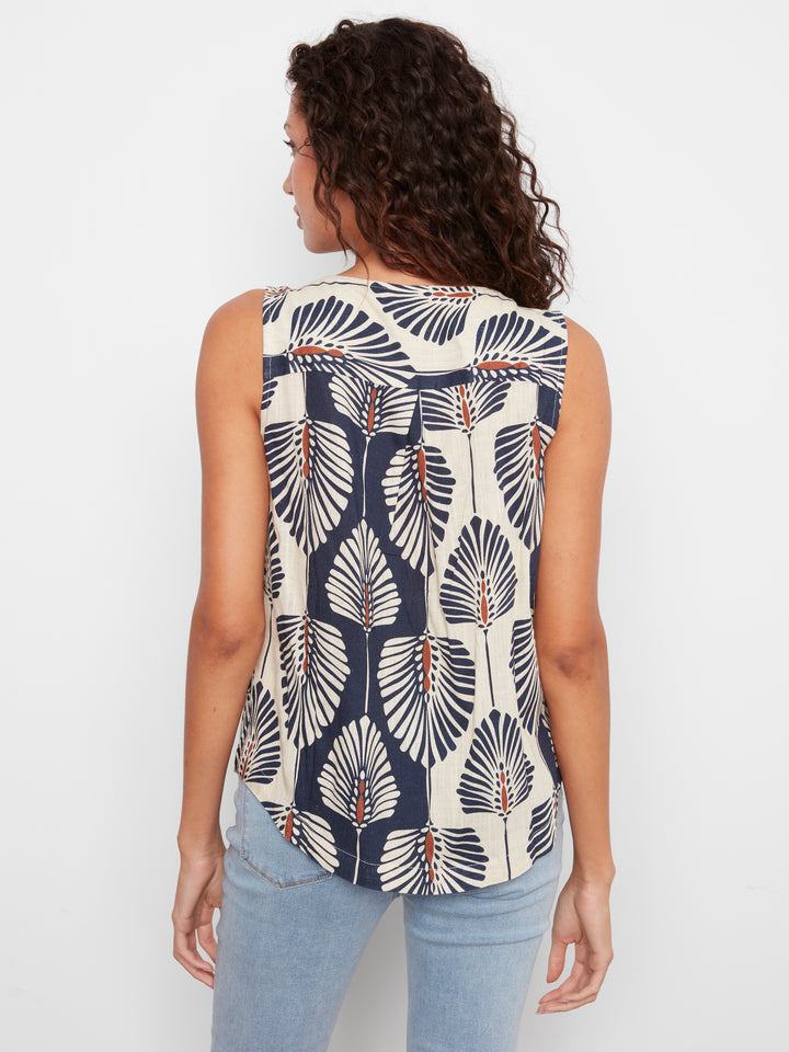Printed Sleeveless Linen Blouse With Rounded Hem