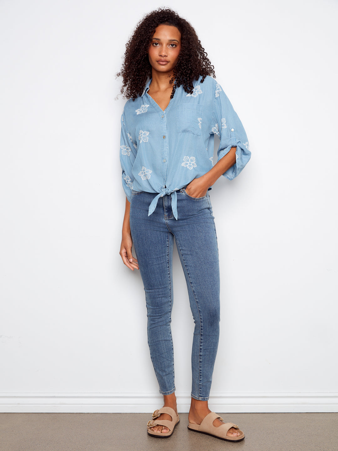 3/4 Rolled Up Sleeves Blouse With All Over Embroidery And Front Tie