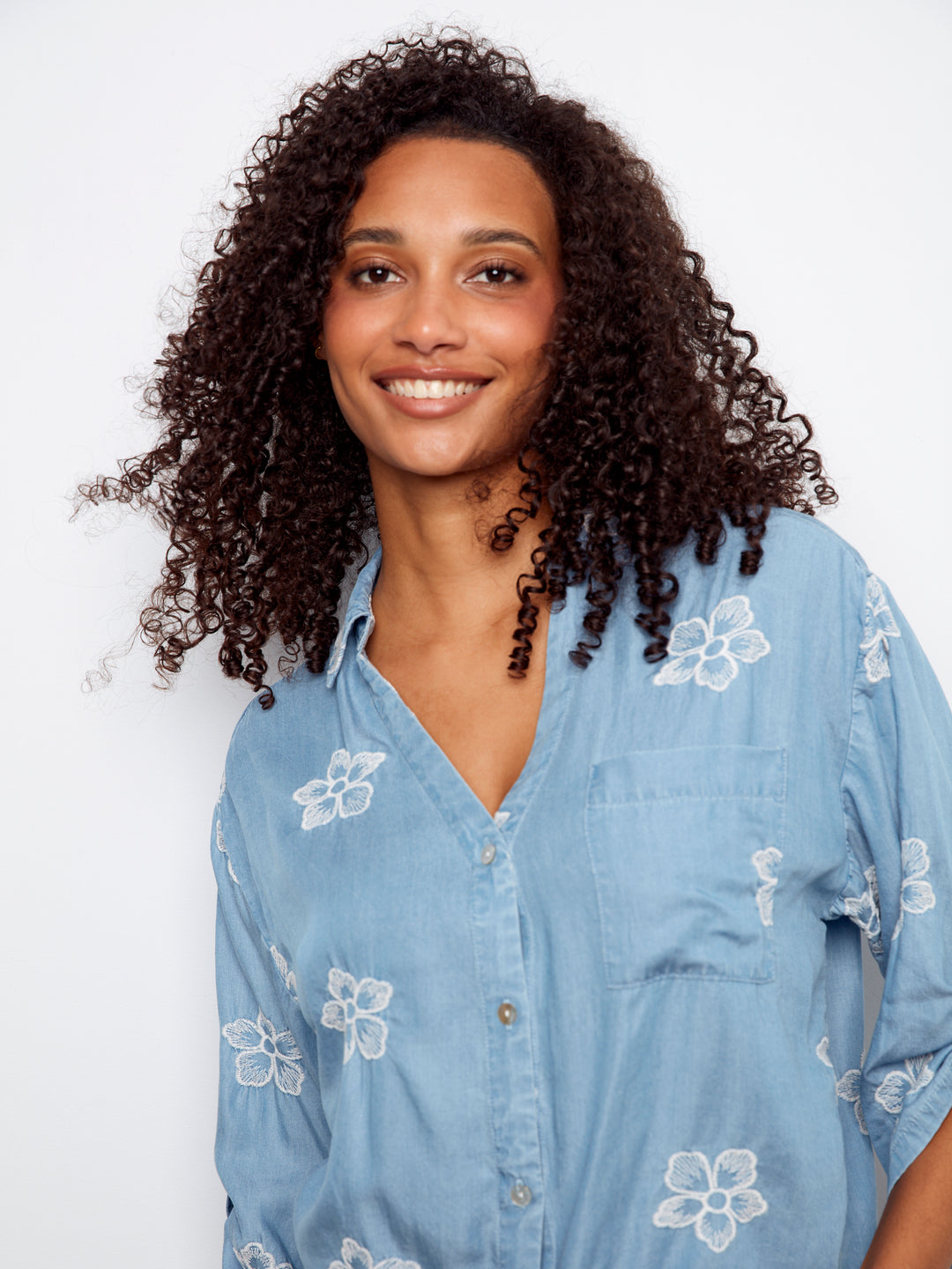 3/4 Rolled Up Sleeves Blouse With All Over Embroidery And Front Tie