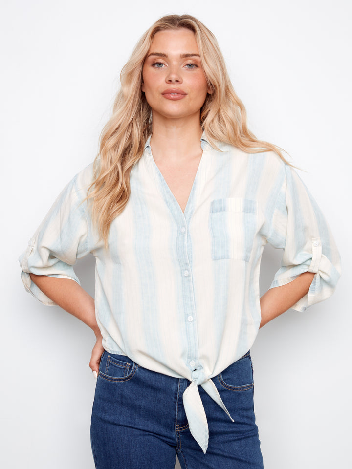3/4 Roll Up Sleeve Yarn-Dye Striped  Blouse With Front Tie