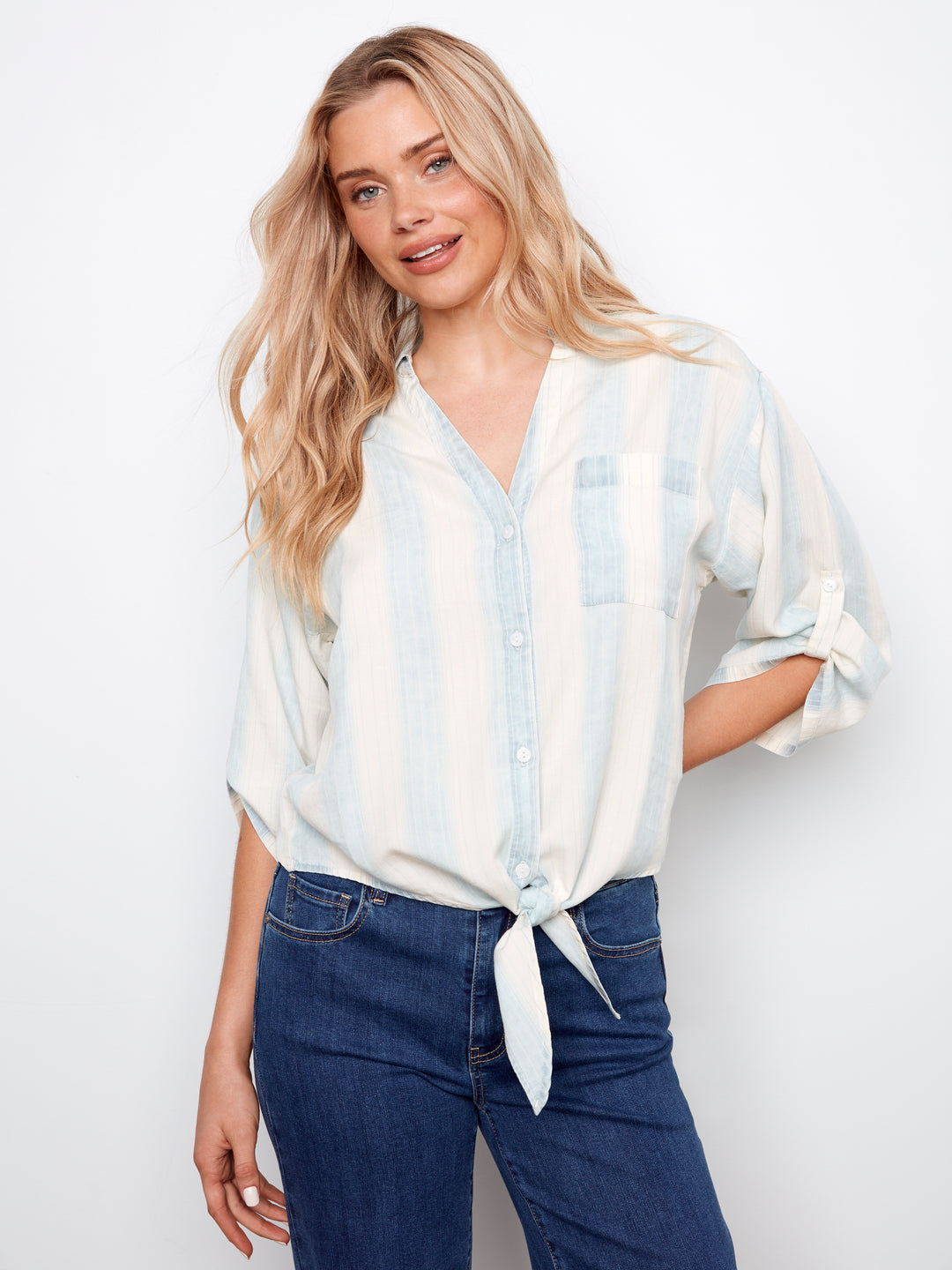 3/4 Roll Up Sleeve Yarn-Dye Striped  Blouse With Front Tie