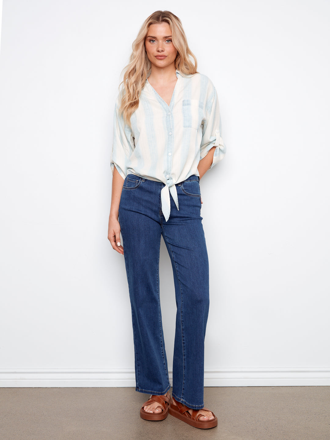 3/4 Roll Up Sleeve Yarn-Dye Striped  Blouse With Front Tie