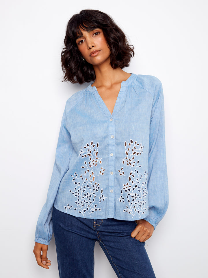 Cotton-Linen Button-Front Embroidered Blouse
