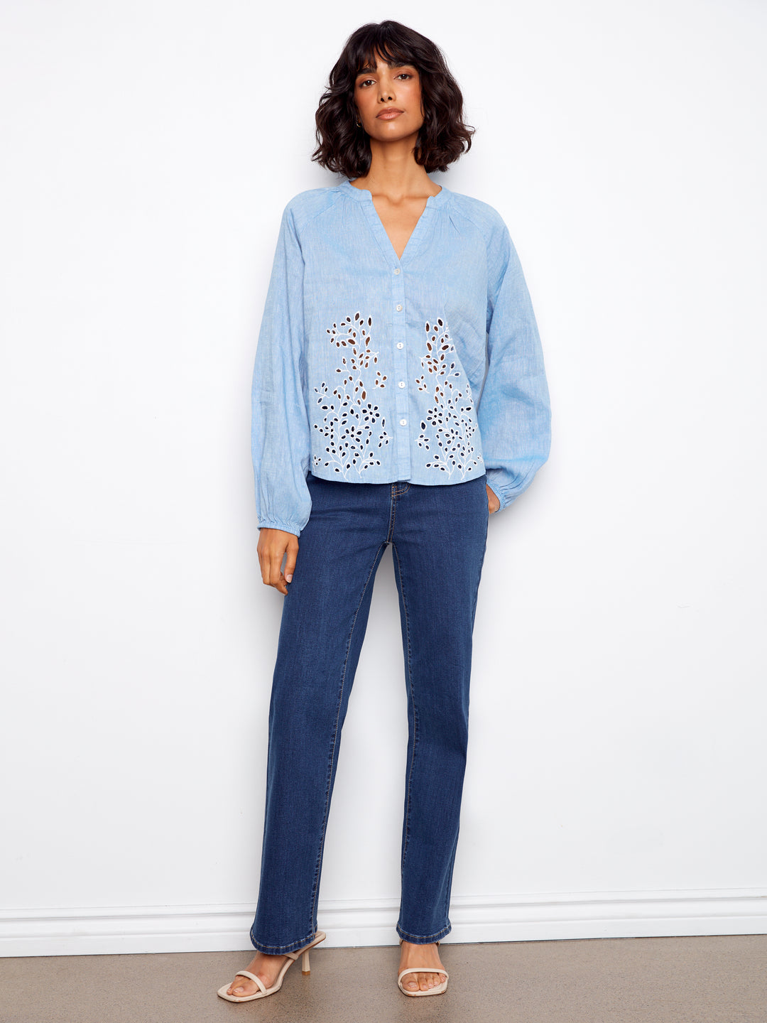 Cotton-Linen Button-Front Embroidered Blouse
