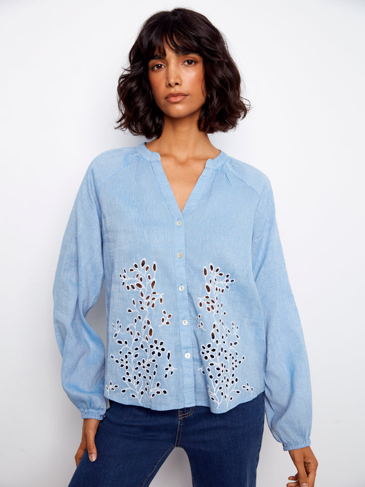 Cotton-Linen Button-Front Embroidered Blouse