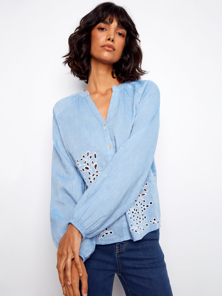 Cotton-Linen Button-Front Embroidered Blouse
