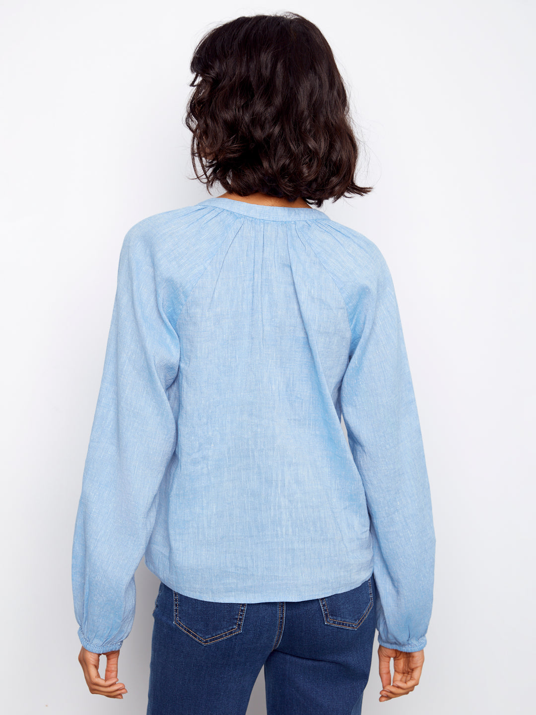 Cotton-Linen Button-Front Embroidered Blouse