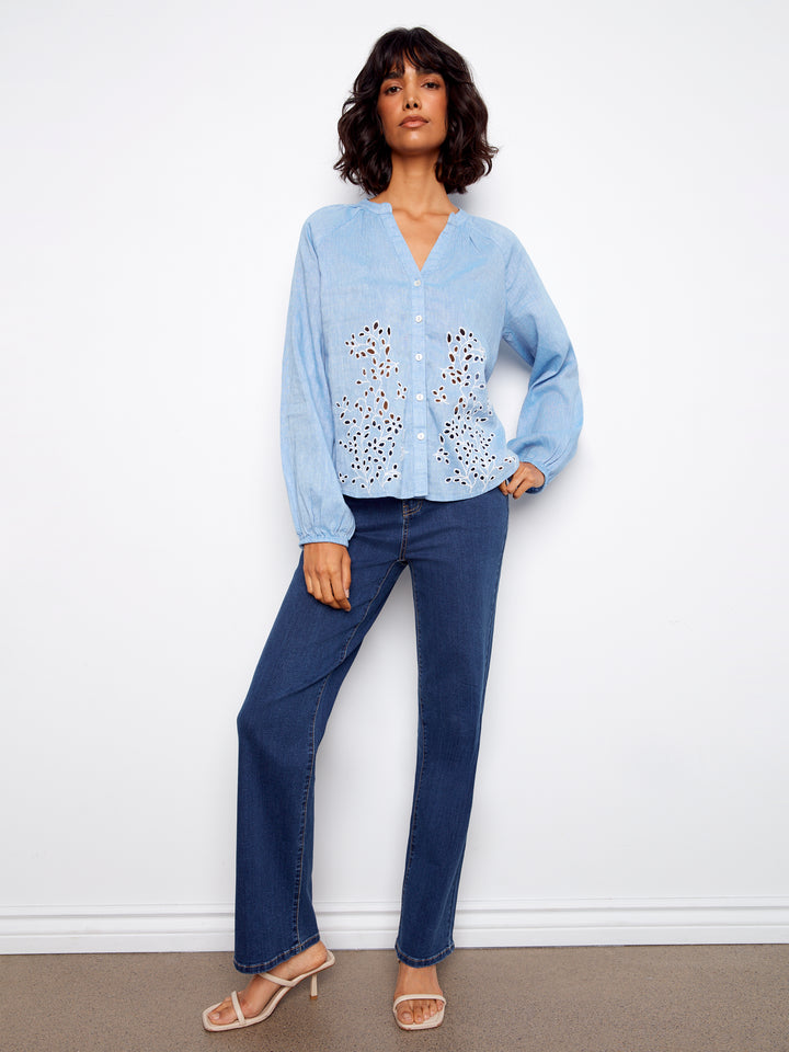 Cotton-Linen Button-Front Embroidered Blouse
