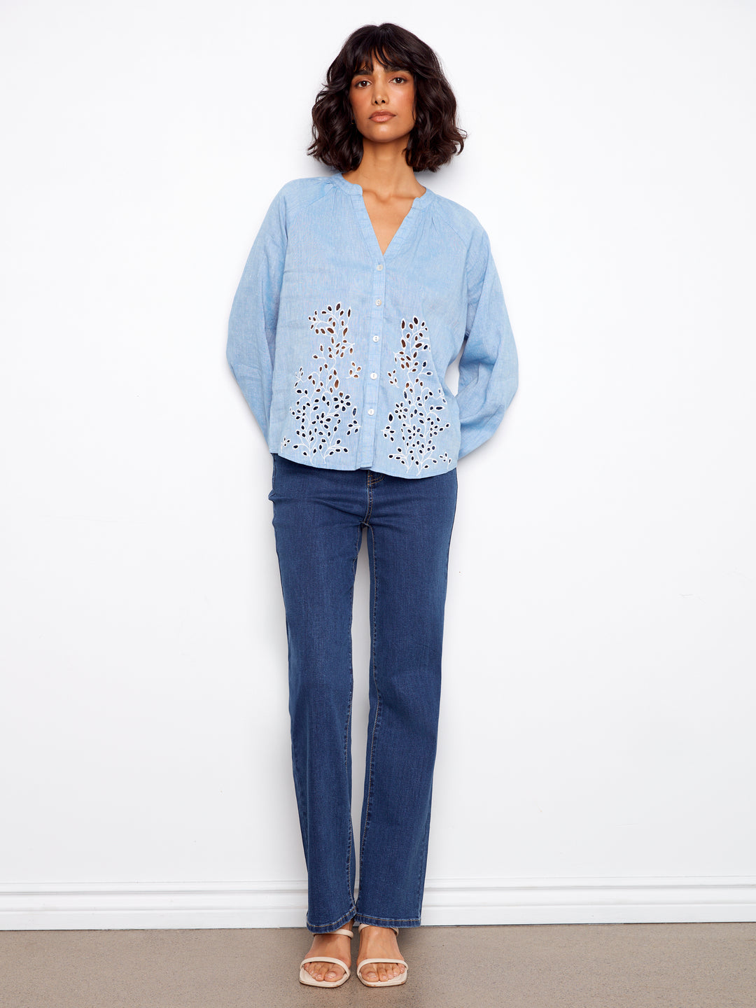 Cotton-Linen Button-Front Embroidered Blouse