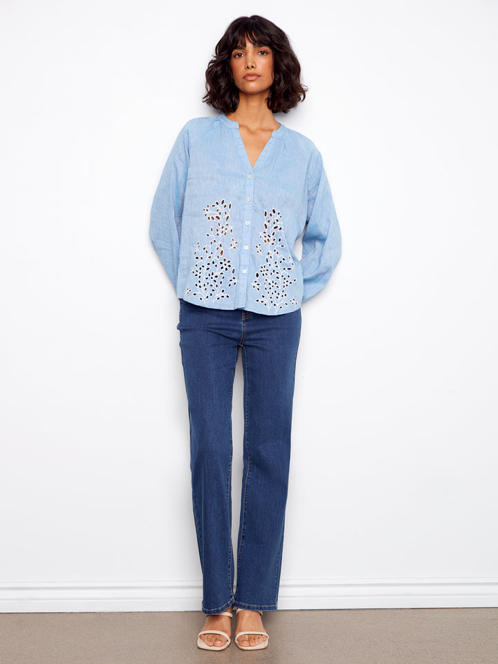 Cotton-Linen Button-Front Embroidered Blouse