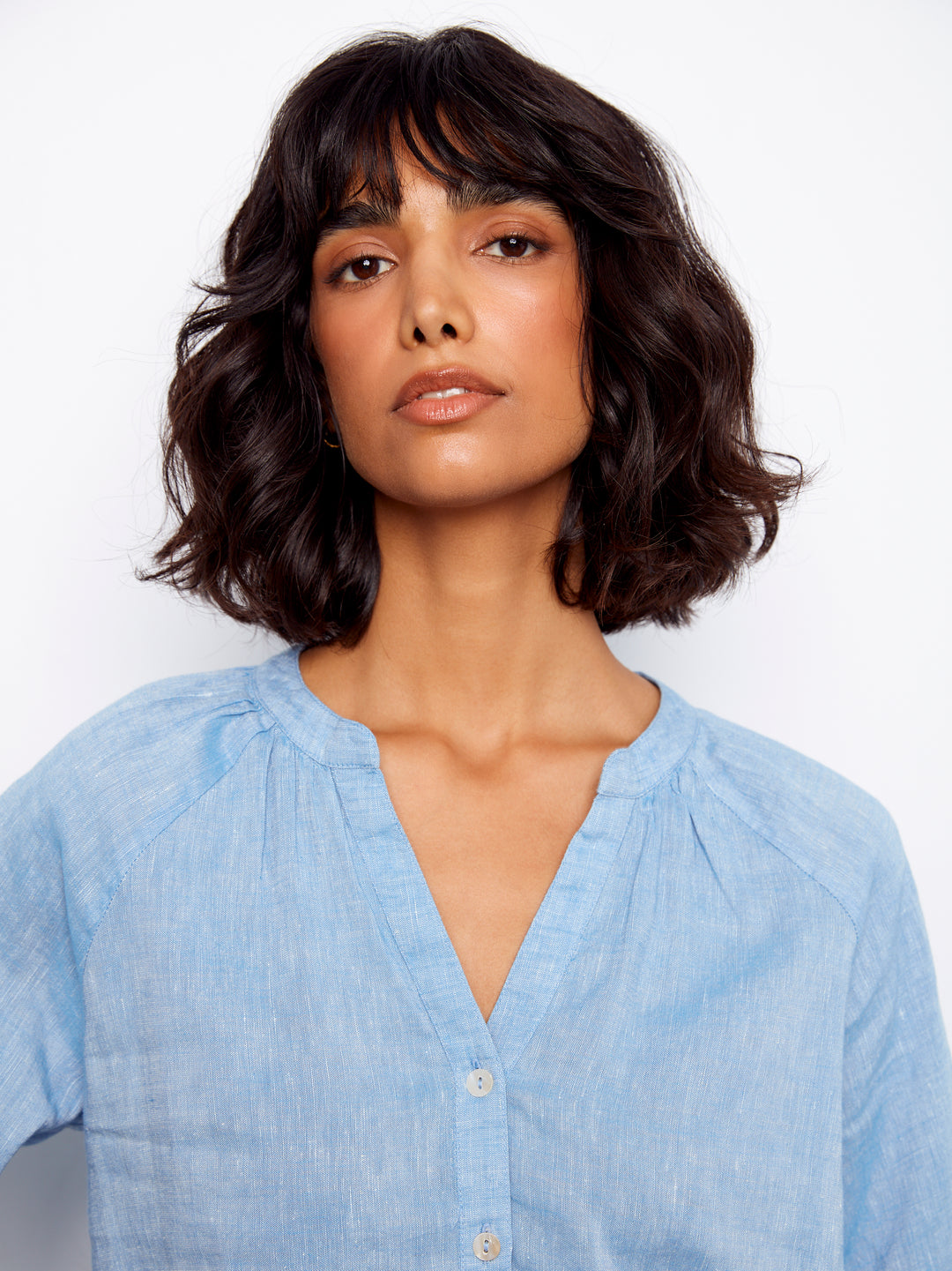Cotton-Linen Button-Front Embroidered Blouse