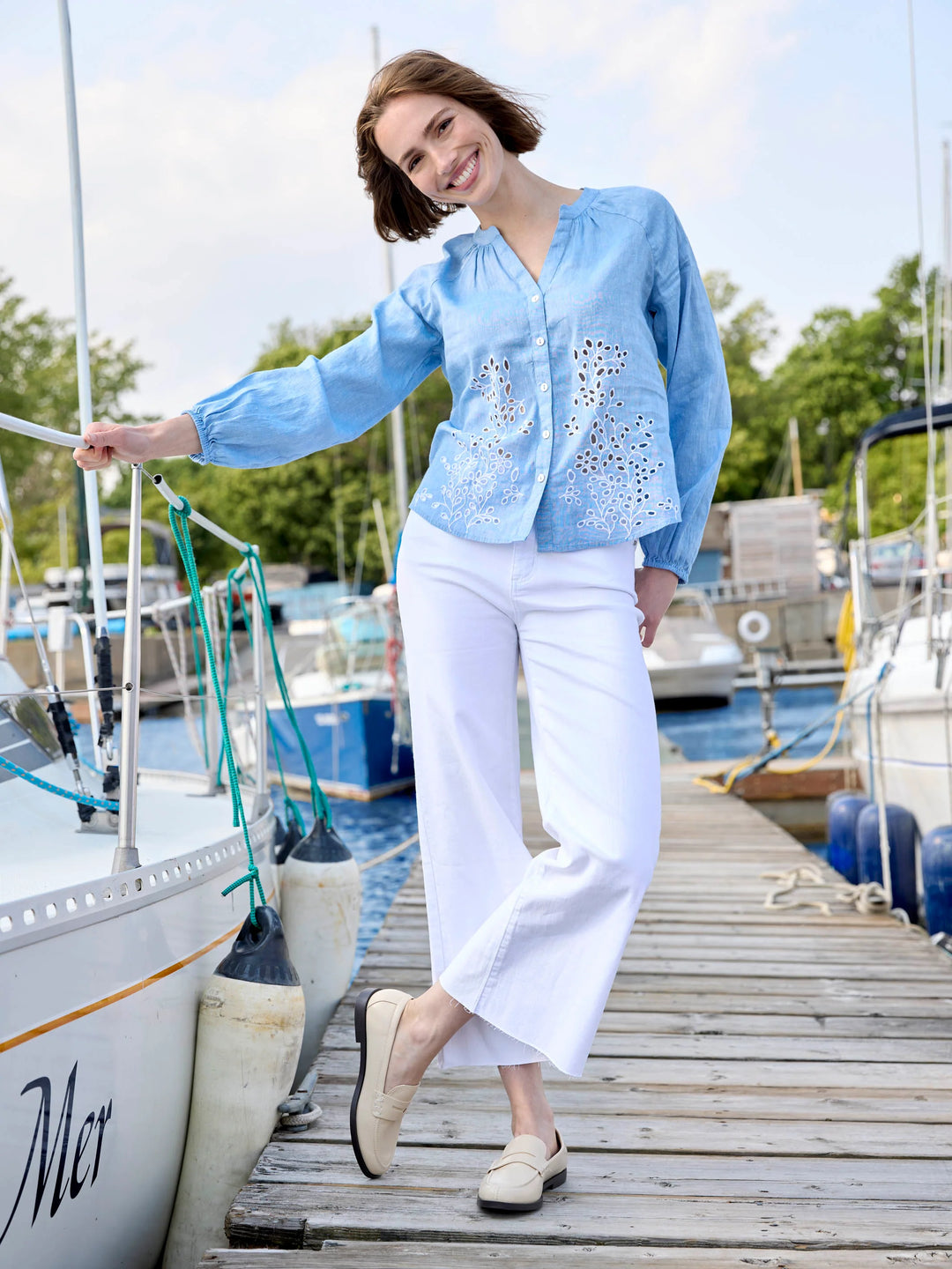 Cotton-Linen Button-Front Embroidered Blouse