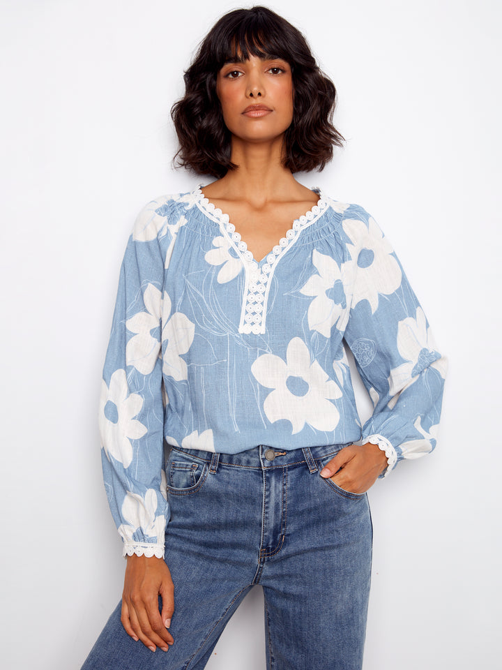 Printed Raglan Long Sleeve Blouse
