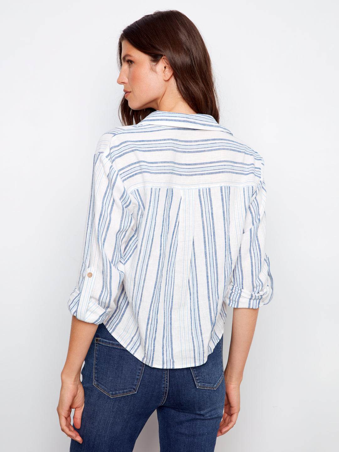 Yarn Dye Stripe Twist Front Shirt With Roll-Up Long Sleeves