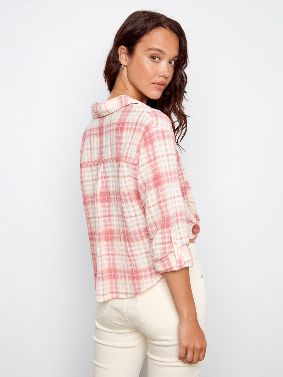Yarn Dye Cotton Plaid Twist Front Shirt With Roll-Up Long Sleeves