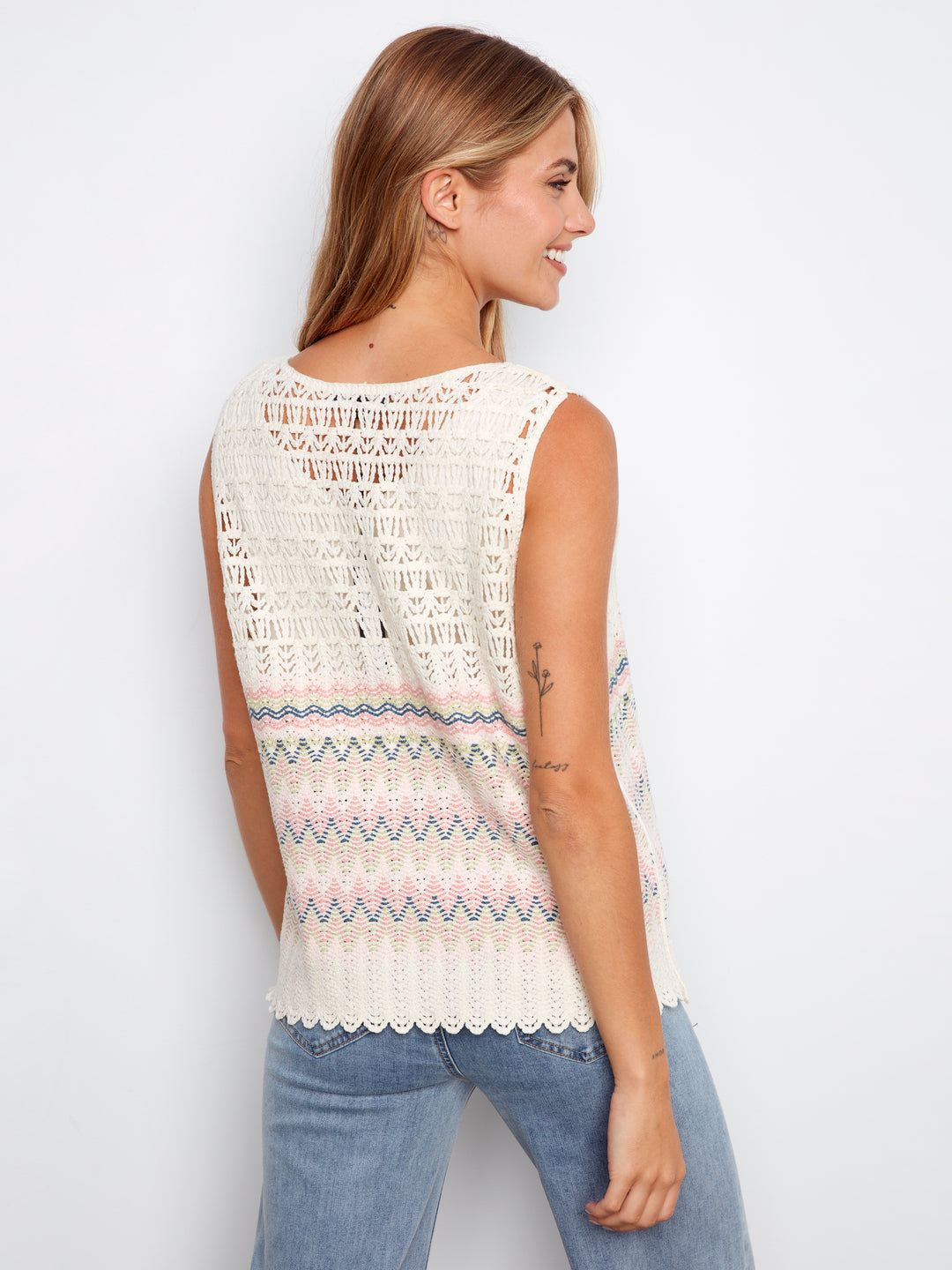 Striped Sleeveless Crochet Cotton Blend Top