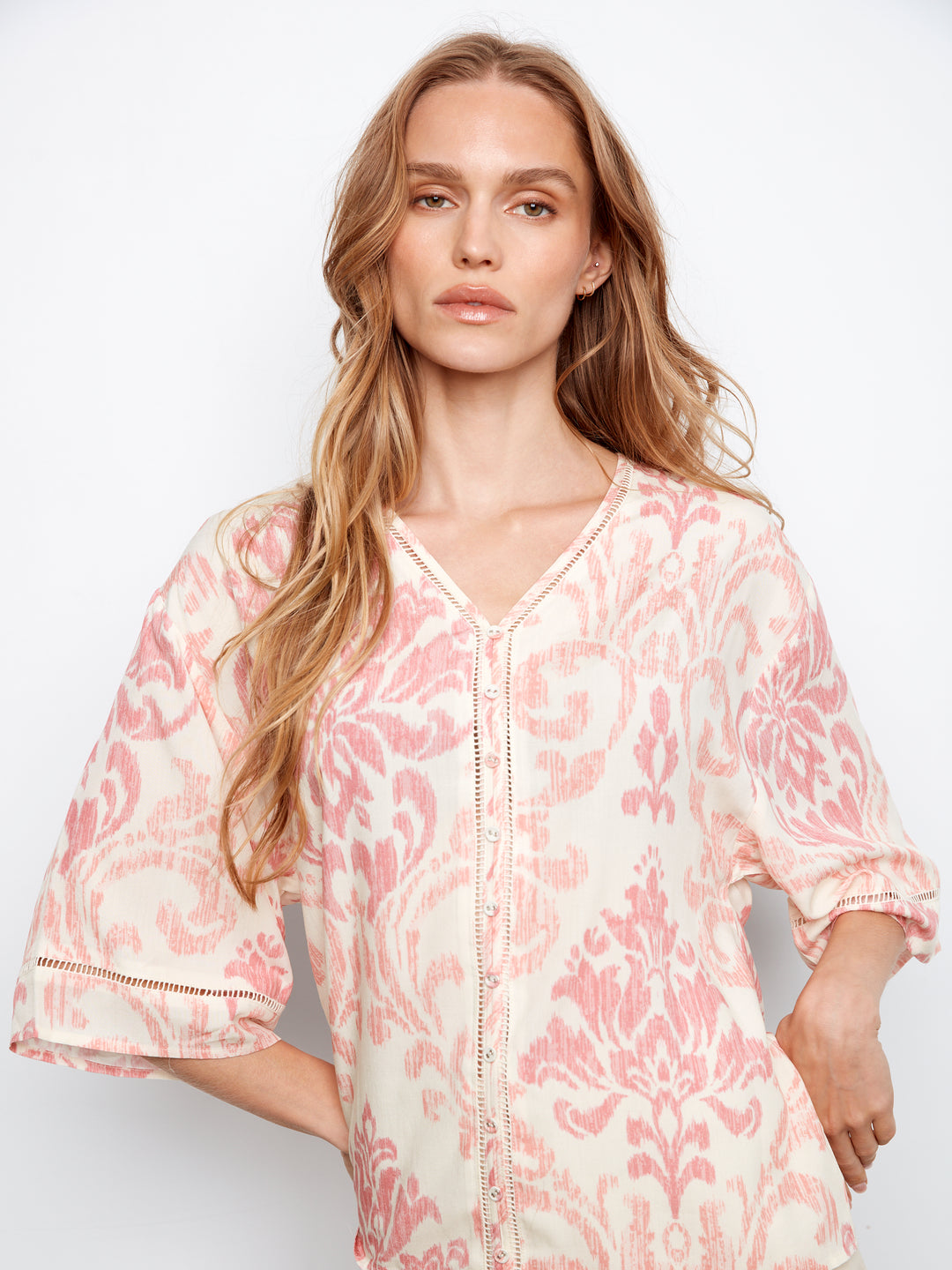 Printed Wide Elbow Sleeve V-Neck Blouse With Fake Button Closure