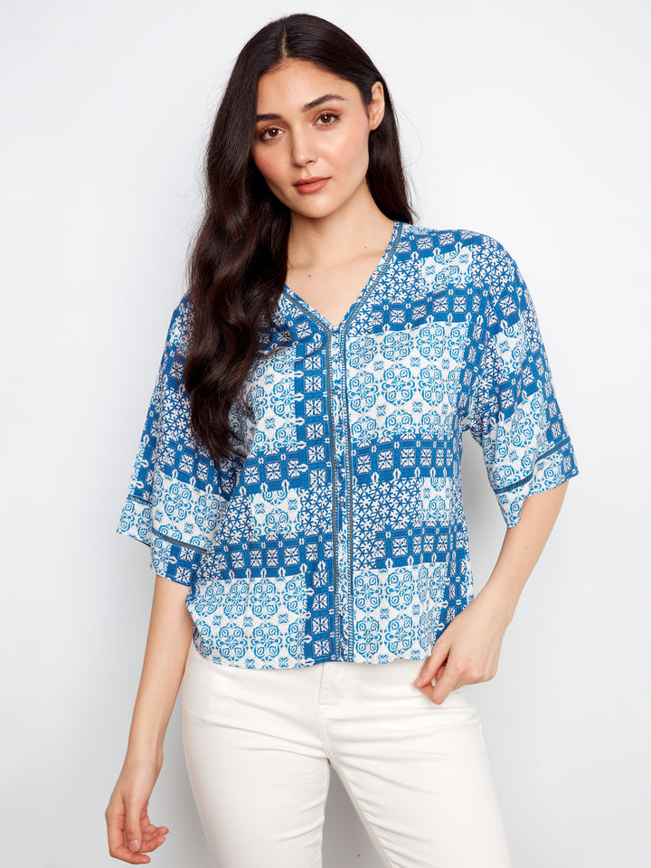 Printed Wide Elbow Sleeve V-Neck Blouse With Fake Button Closure