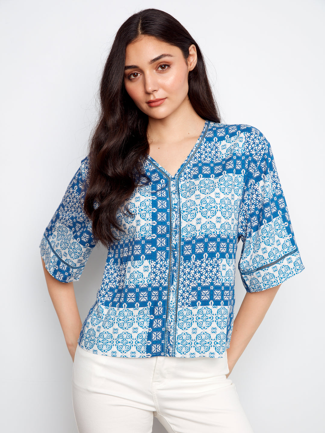 Printed Wide Elbow Sleeve V-Neck Blouse With Fake Button Closure