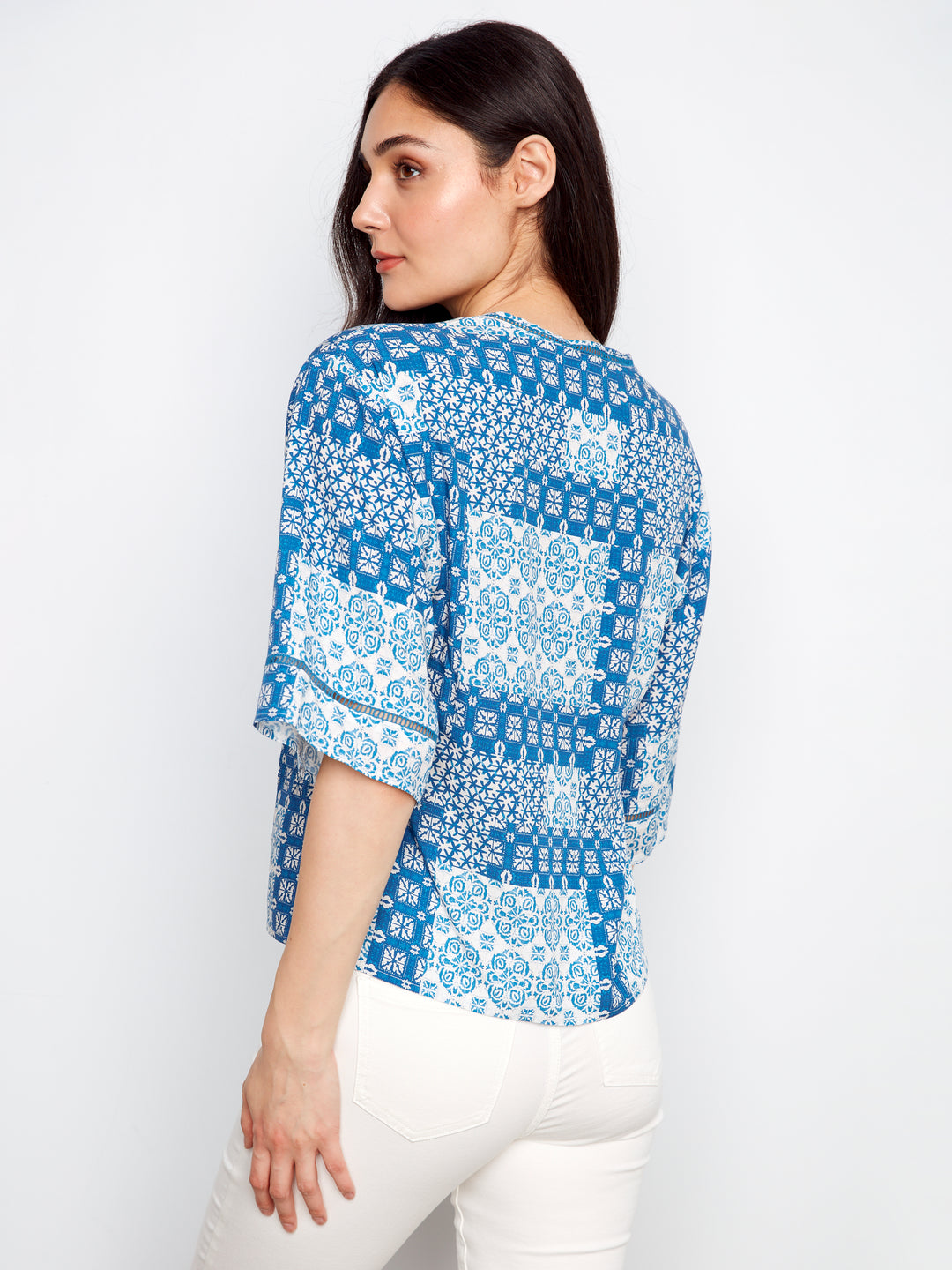 Printed Wide Elbow Sleeve V-Neck Blouse With Fake Button Closure