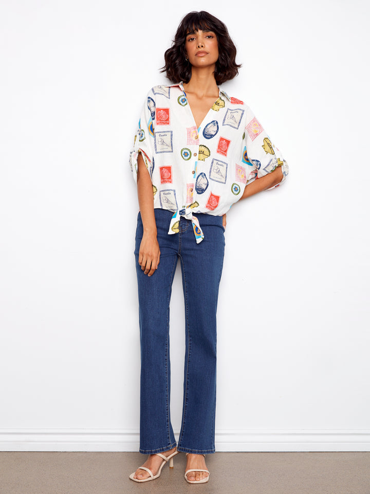 Printed Front Tie Button-Front Blouse With Ruched-Up Sleeves