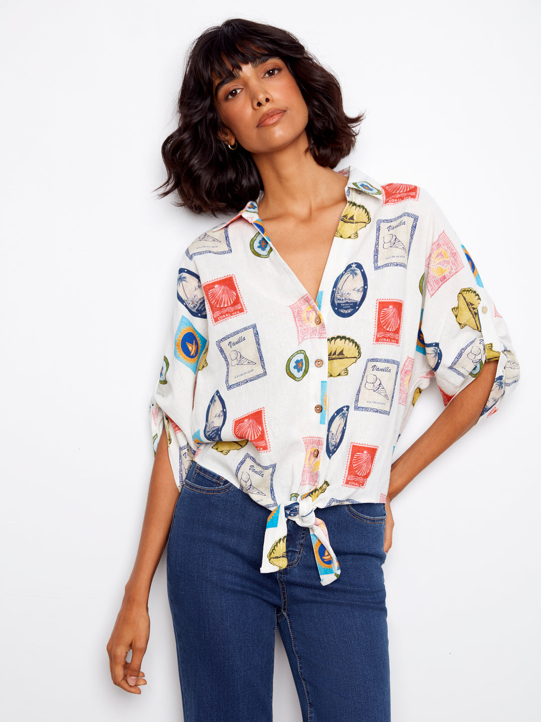 Printed Front Tie Button-Front Blouse With Ruched-Up Sleeves