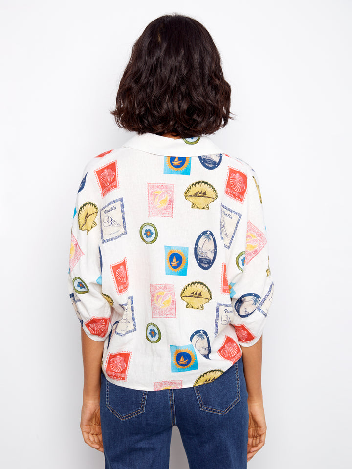 Printed Front Tie Button-Front Blouse With Ruched-Up Sleeves