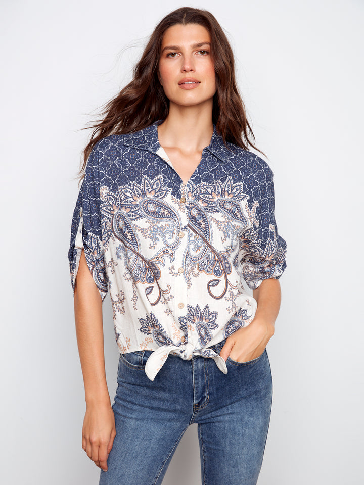 Printed Front Tie Button-Front Blouse With Ruched-Up Sleeves