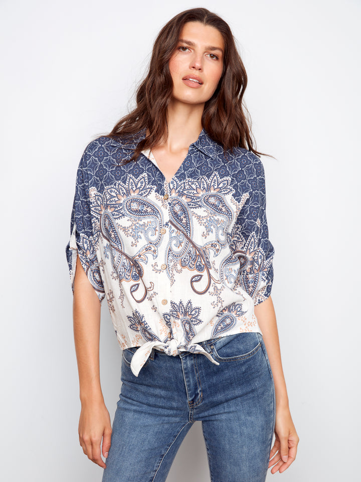 Printed Front Tie Button-Front Blouse With Ruched-Up Sleeves