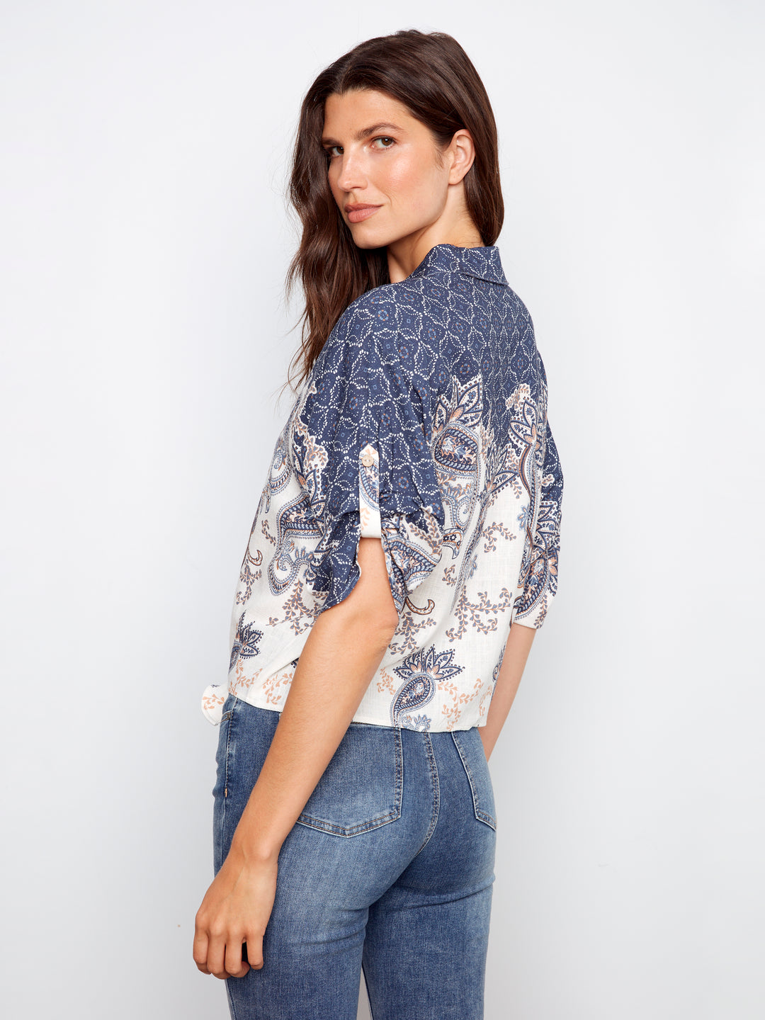 Printed Front Tie Button-Front Blouse With Ruched-Up Sleeves