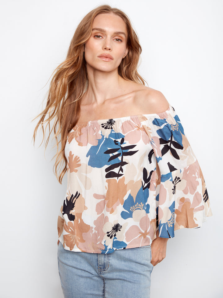 Printed 3/4 Sleeve Off Shoulder Blouse