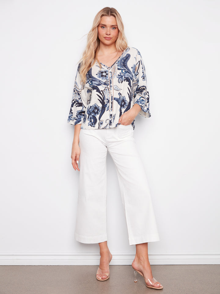 Printed Dolman Sleeve Blouse With Front Button Detail