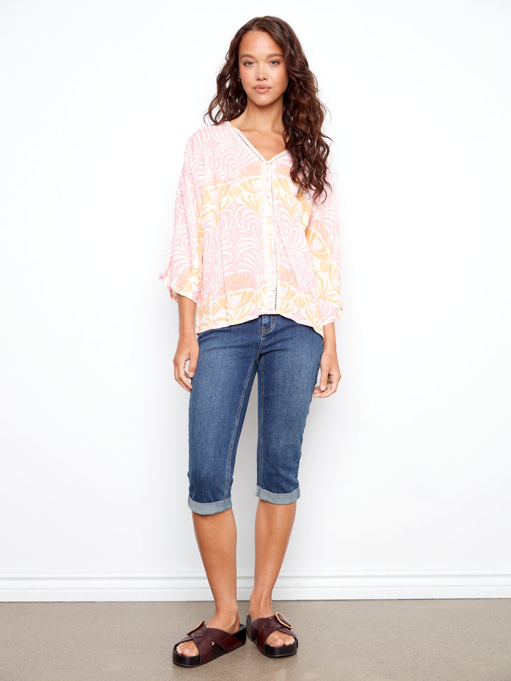 Printed Dolman 3/4 Sleeve Blouse With Front Fake Buttoned Placket