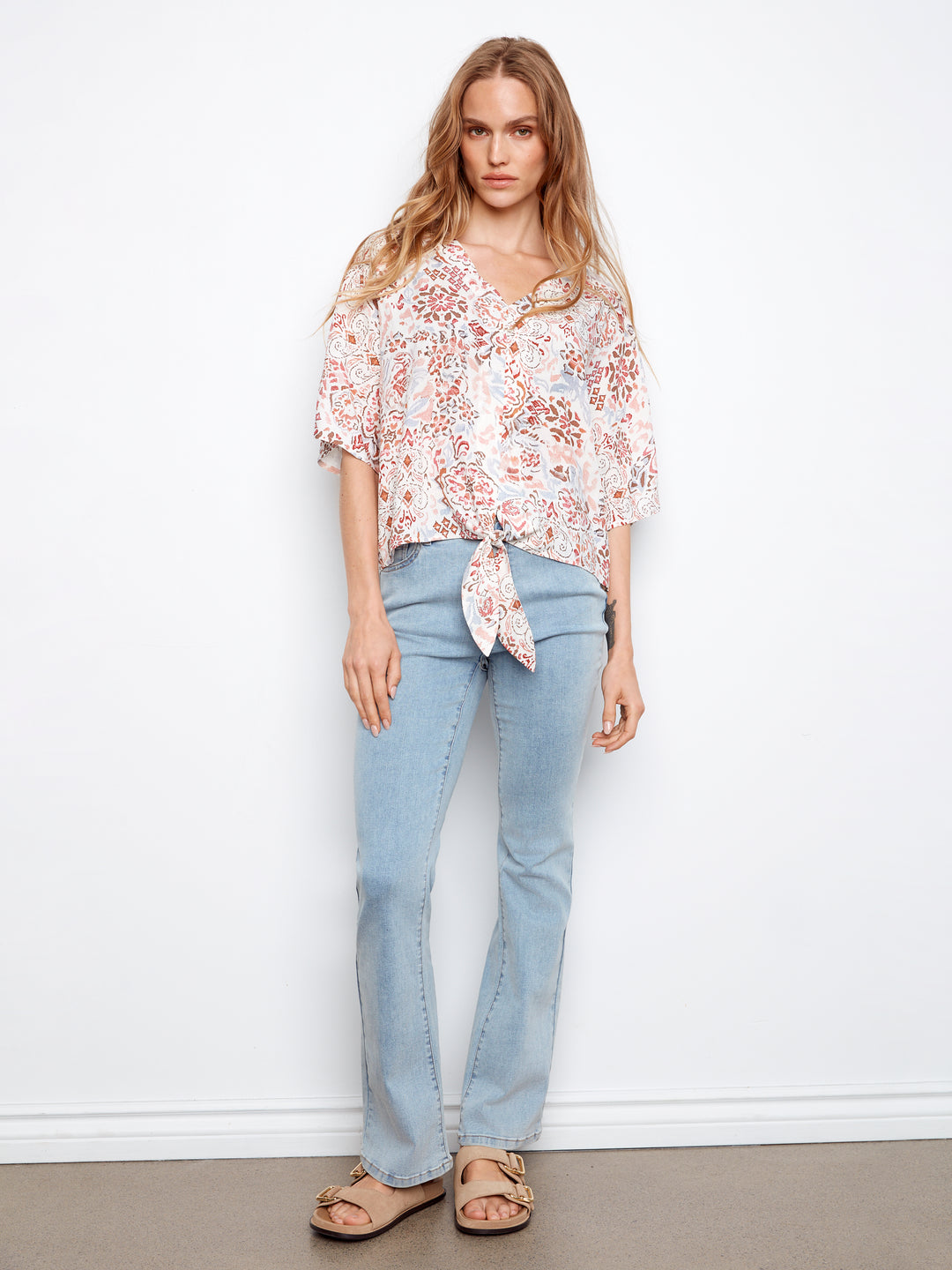 Printed Dolman Elbow Sleeve Popover Blouse With Self Ties