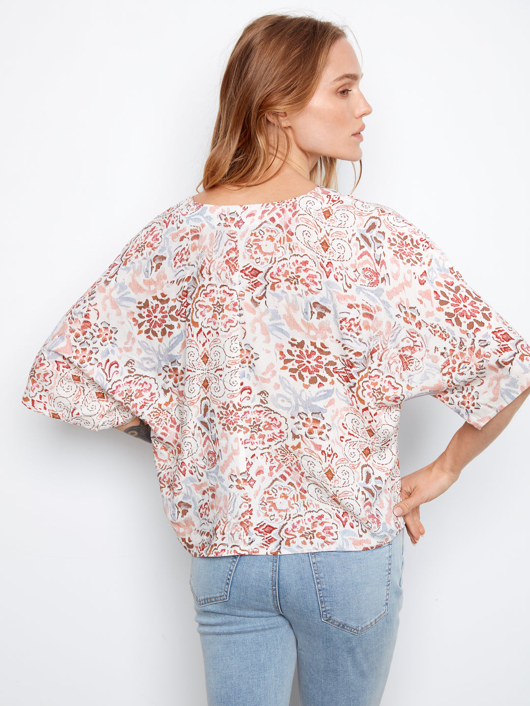 Printed Dolman Elbow Sleeve Popover Blouse With Self Ties