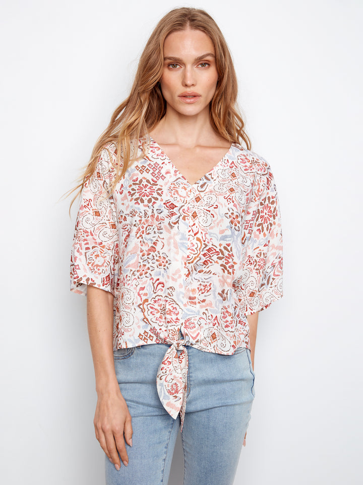Printed Dolman Elbow Sleeve Popover Blouse With Self Ties