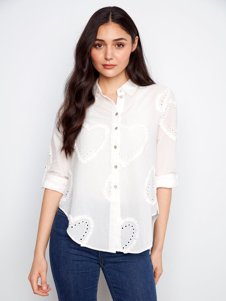 Textured Fabric Long Roll Up Sleeve Button Down Blouse